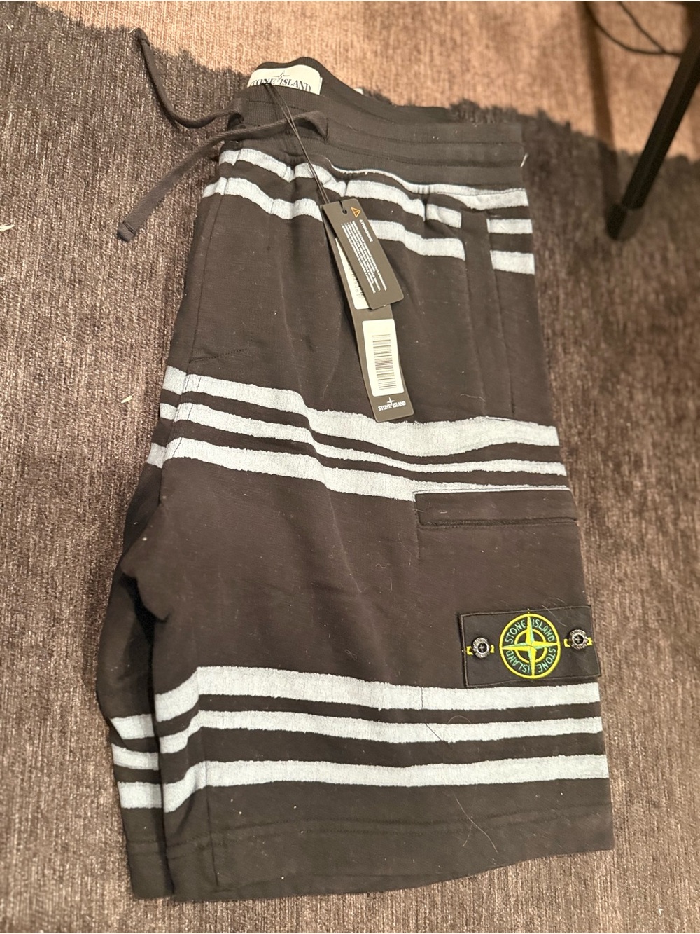 Supreme x Stone Island Black and Light Blue Striped Shorts Size M